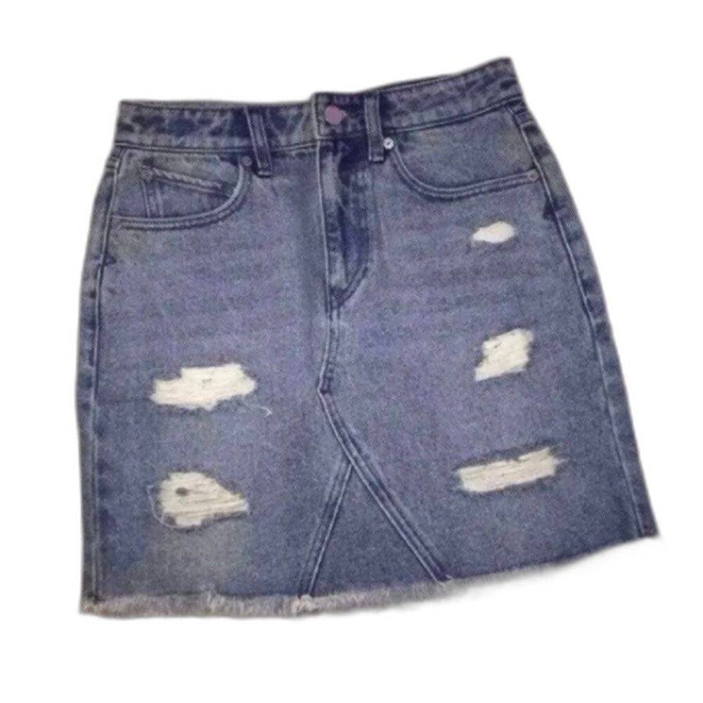 Volcom Jean Skirt Mini High Rise Ripped Destroyed Distressed Raw Hem XS 0/2 EUC!